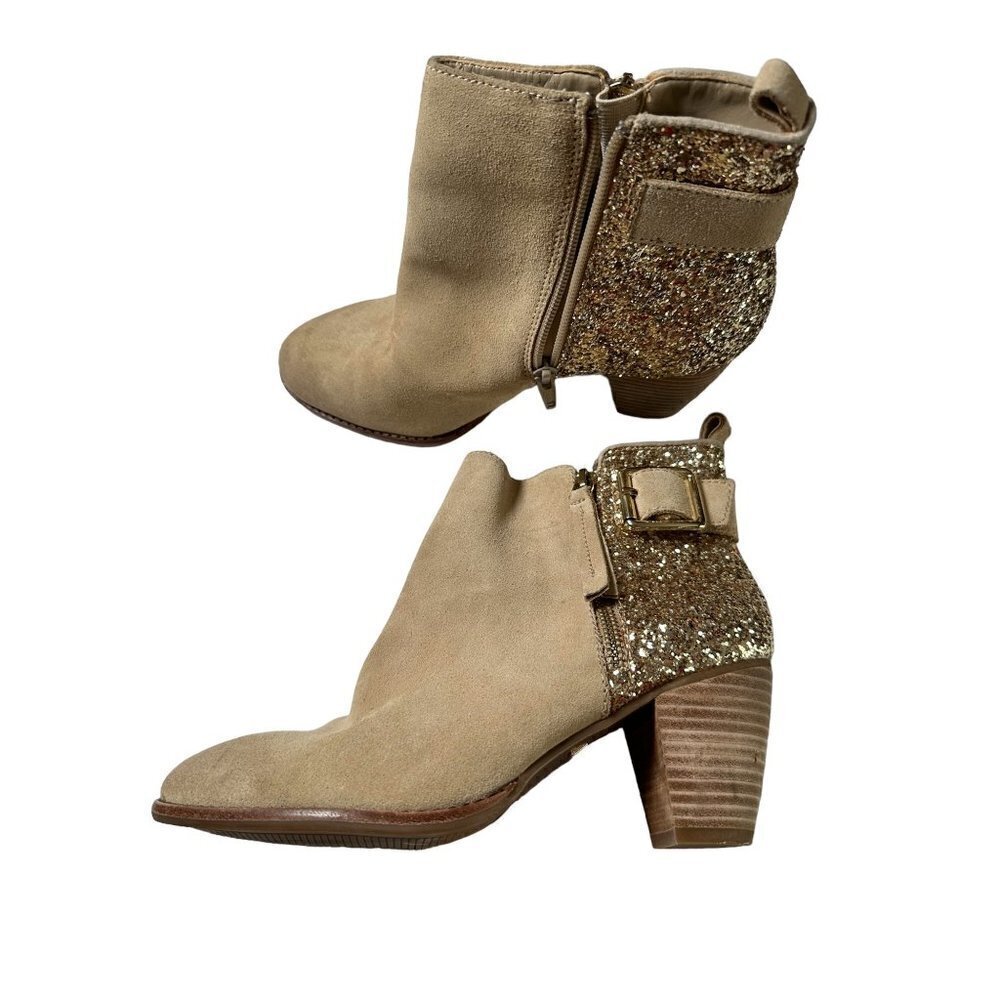 Gianni Bini beige boots with glitter back on wood heel, size 8